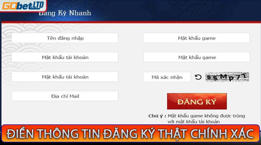 Điền thông tin đăng ký gobet
